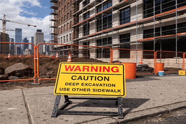 A warning sign in front of a construction site